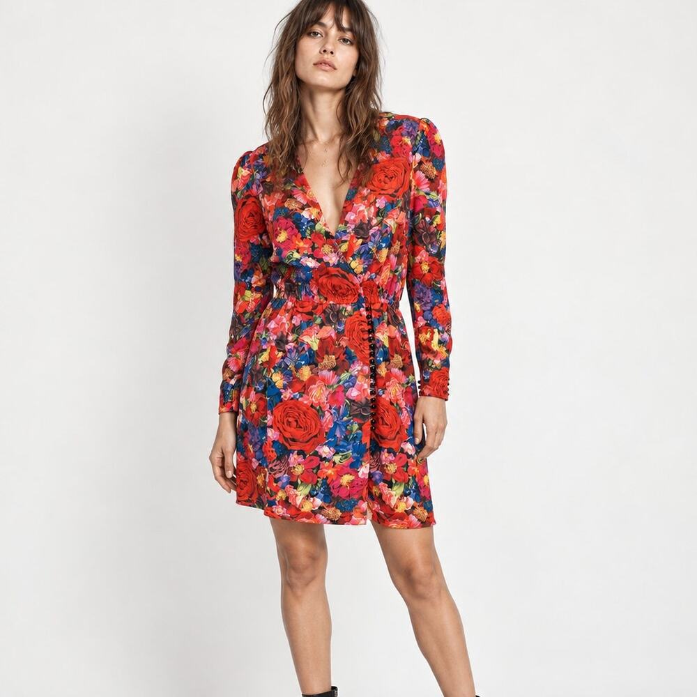 The Kooples Silk Floral Rose Mini Dress Long Sleeve Size 2